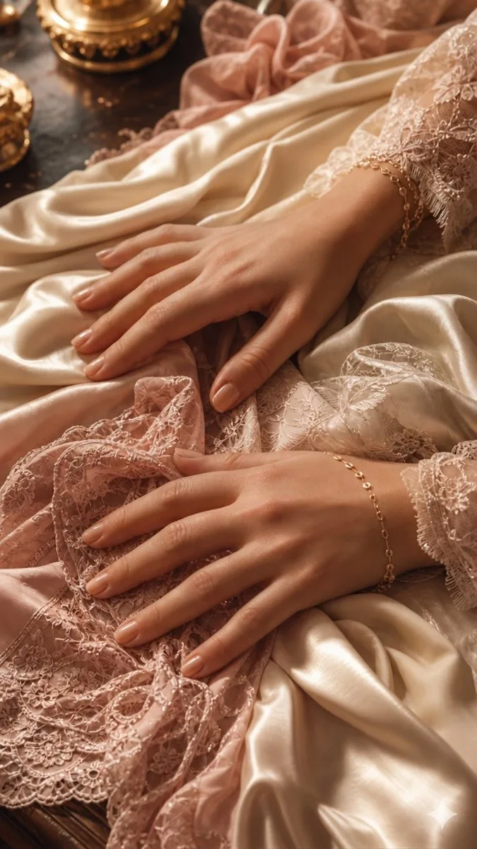 Mâini delicate pe mătase și dantelă